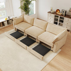 3-seater sofa, with a pull-out drawer under each seat, designed with crescent-shaped armrests, and equipped with wraparound back and arm cushions, chenille fabric, wheat colour.