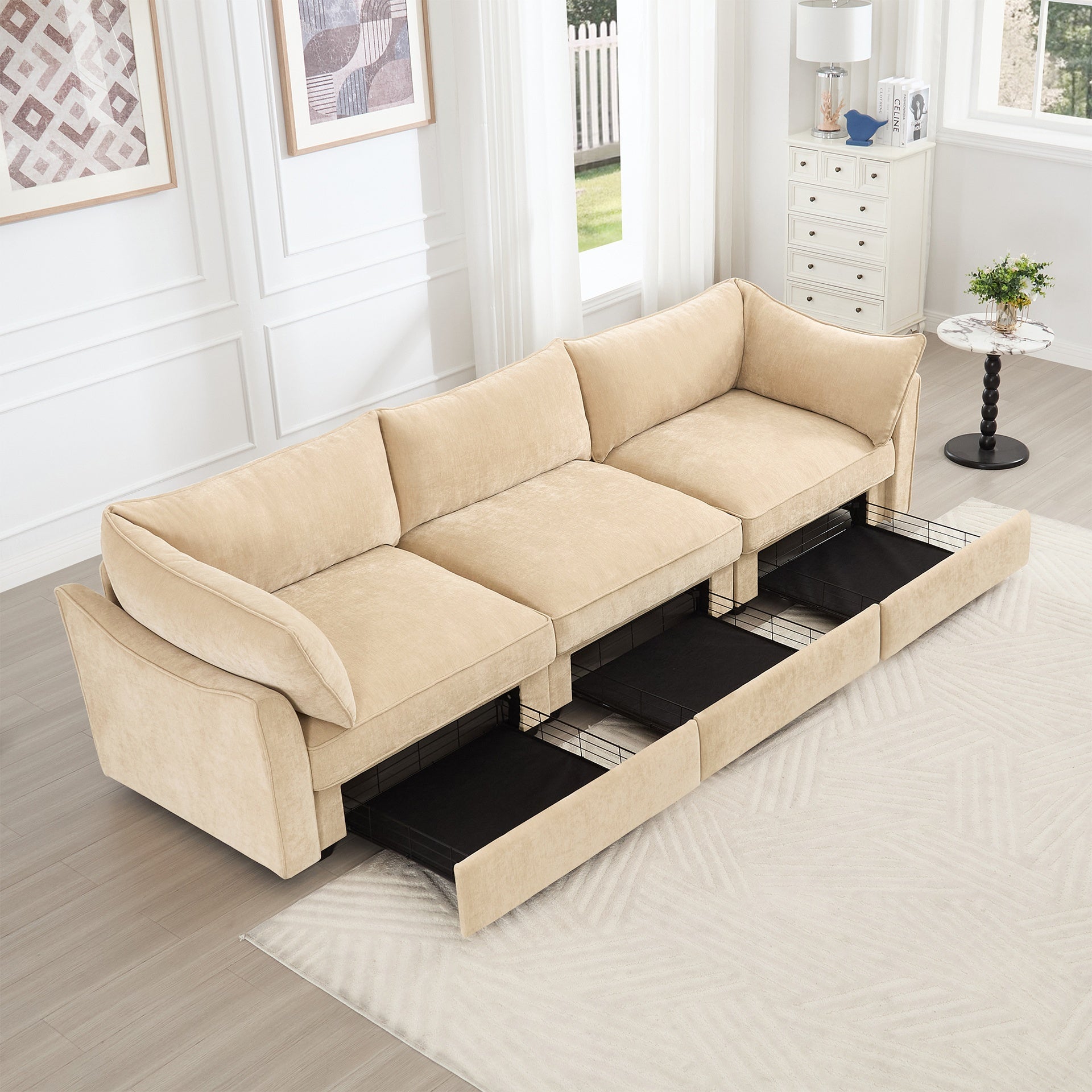 3-seater sofa, with a pull-out drawer under each seat, designed with crescent-shaped armrests, and equipped with wraparound back and arm cushions, chenille fabric, wheat colour.