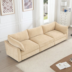 3-seater sofa, with a pull-out drawer under each seat, designed with crescent-shaped armrests, and equipped with wraparound back and arm cushions, chenille fabric, wheat colour.
