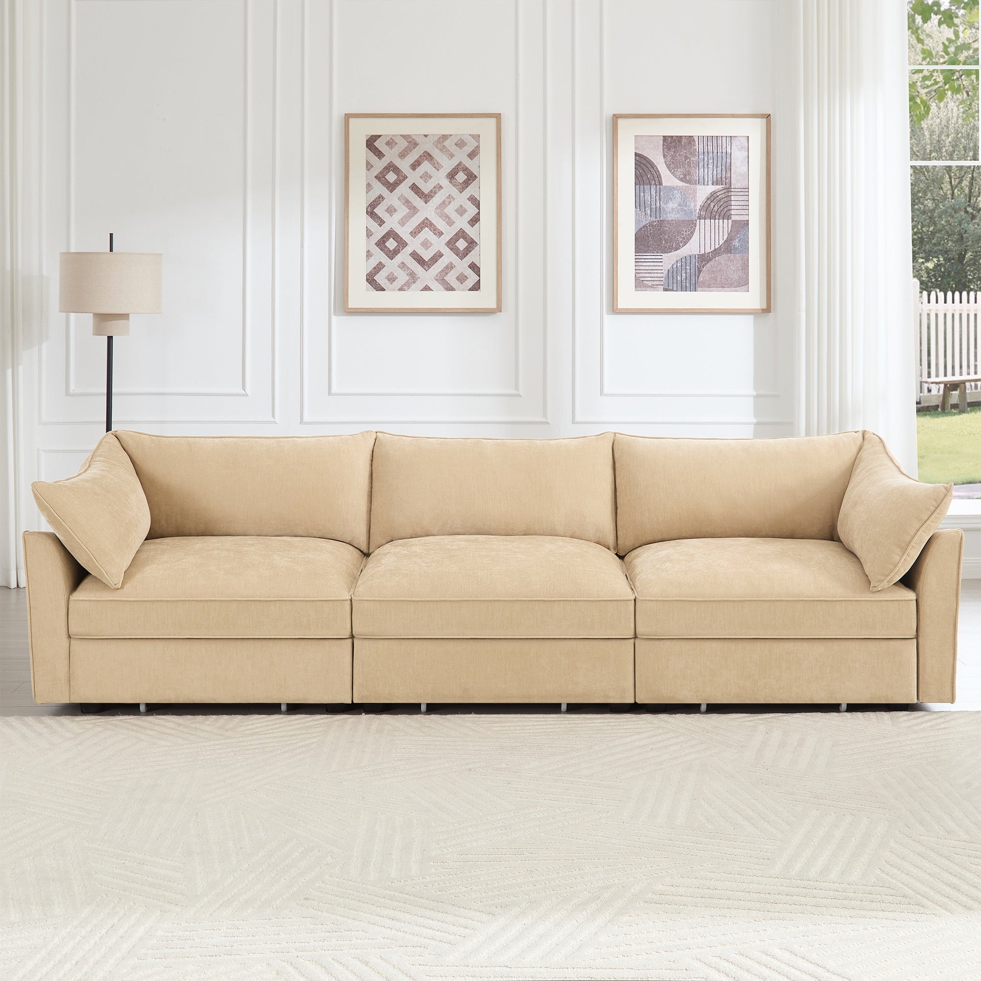 3-seater sofa, with a pull-out drawer under each seat, designed with crescent-shaped armrests, and equipped with wraparound back and arm cushions, chenille fabric, wheat colour.