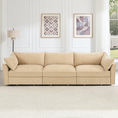 3-seater sofa, with a pull-out drawer under each seat, designed with crescent-shaped armrests, and equipped with wraparound back and arm cushions, chenille fabric, wheat colour.