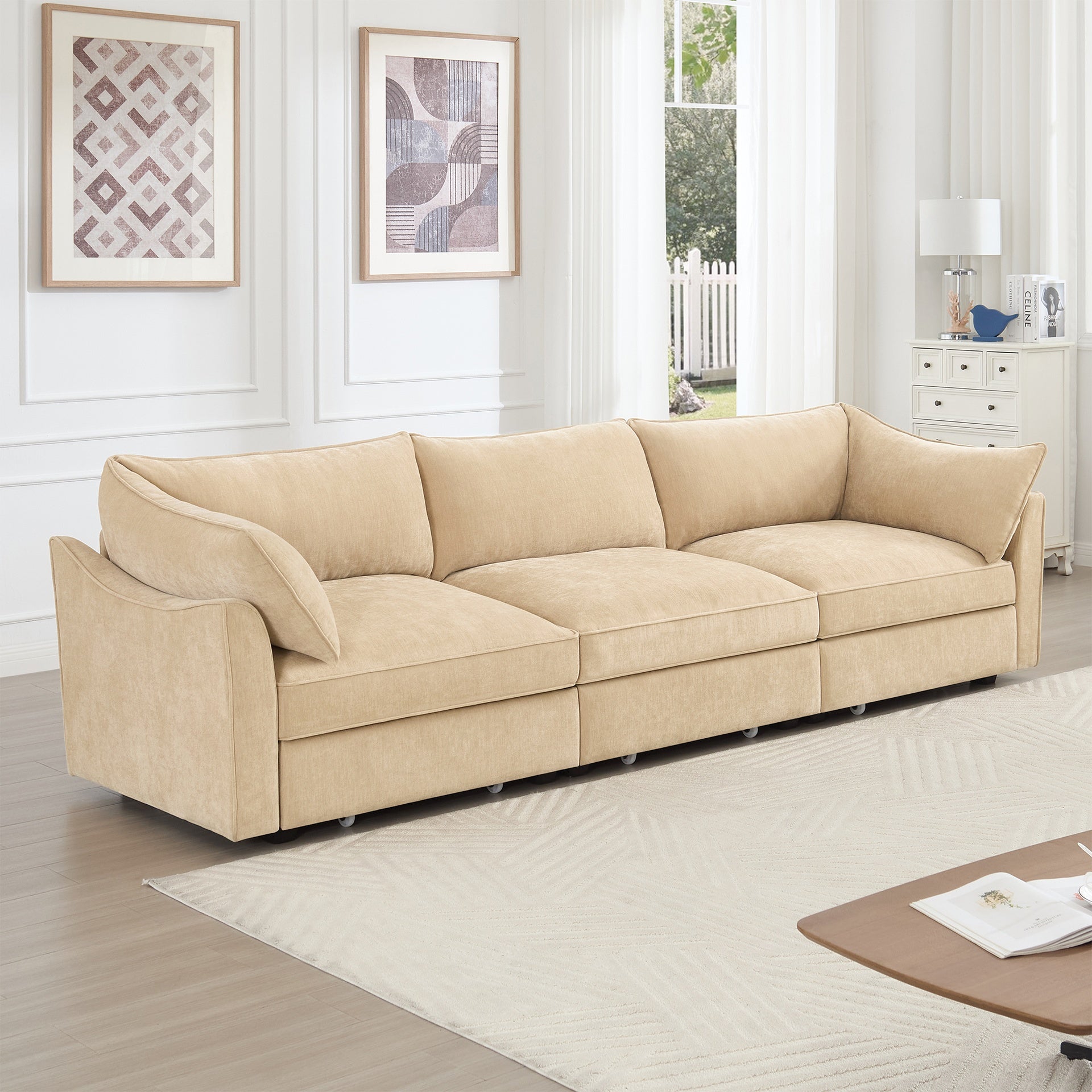 3-seater sofa, with a pull-out drawer under each seat, designed with crescent-shaped armrests, and equipped with wraparound back and arm cushions, chenille fabric, wheat colour.