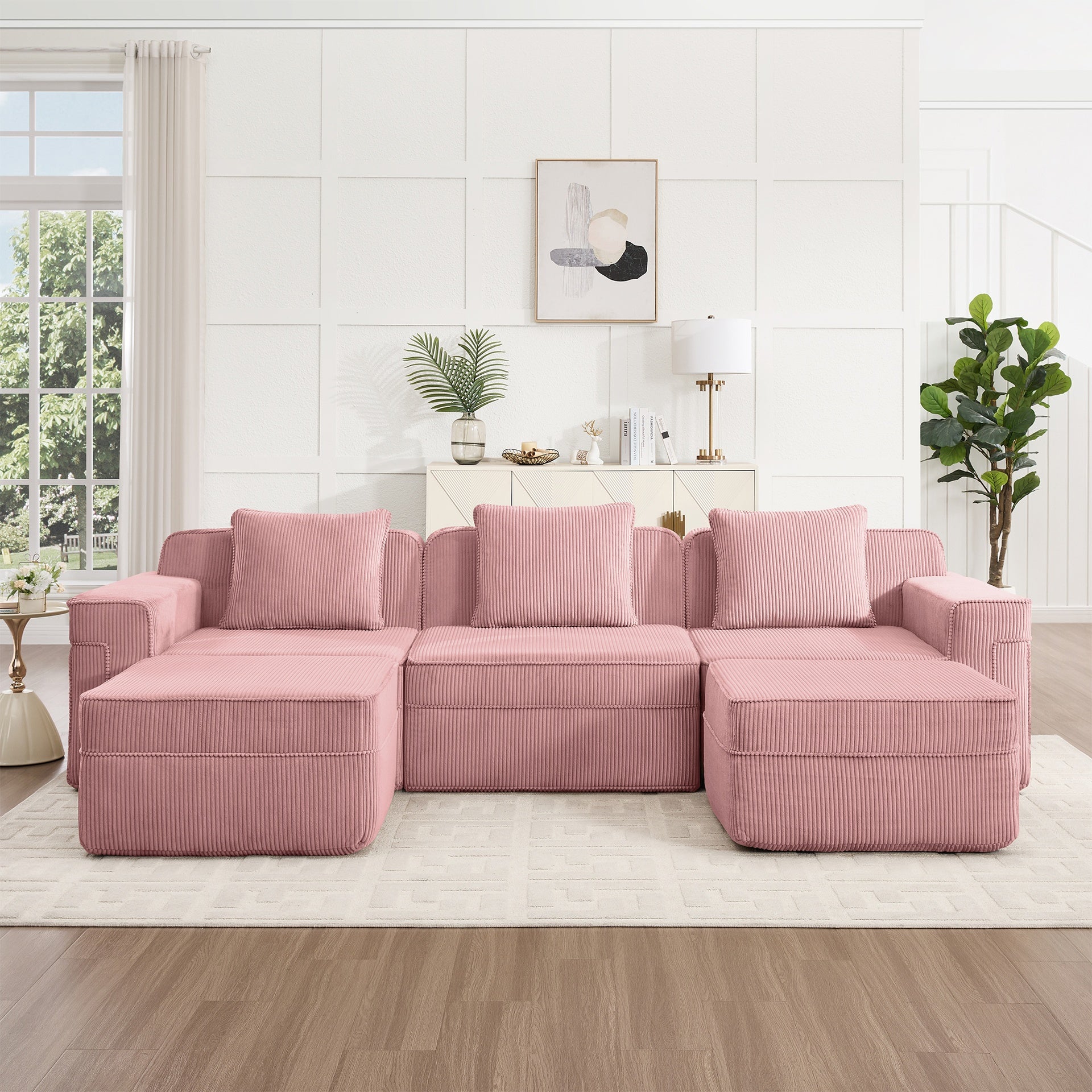Modular 3 Seat U Shape Sectional Boneless Sofa, Cloud Sectional Couch with Deep Seat, Modern Modular 3-Seat Sofa Couch with Throw Pillows and 2 Movable Ottomans, Corduroy Fabric Pink