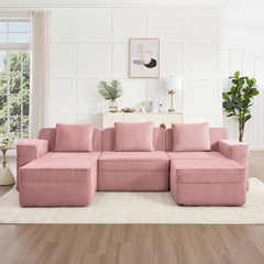 Modular 3 Seat U Shape Sectional Boneless Sofa, Cloud Sectional Couch with Deep Seat, Modern Modular 3-Seat Sofa Couch with Throw Pillows and 2 Movable Ottomans, Corduroy Fabric Pink