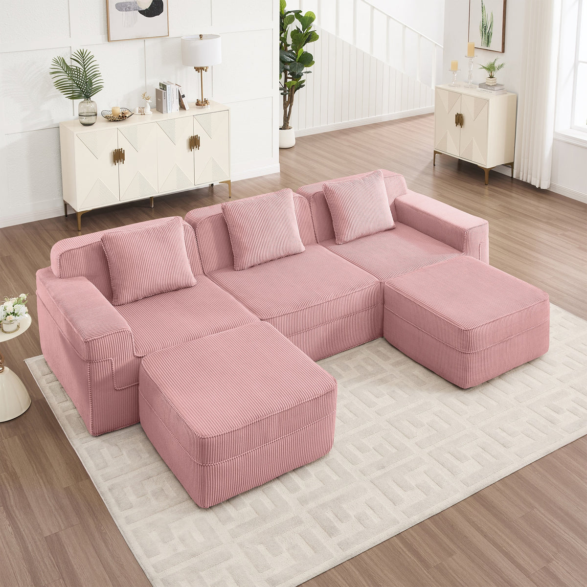 Modular 3 Seat U Shape Sectional Boneless Sofa, Cloud Sectional Couch with Deep Seat, Modern Modular 3-Seat Sofa Couch with Throw Pillows and 2 Movable Ottomans, Corduroy Fabric Pink