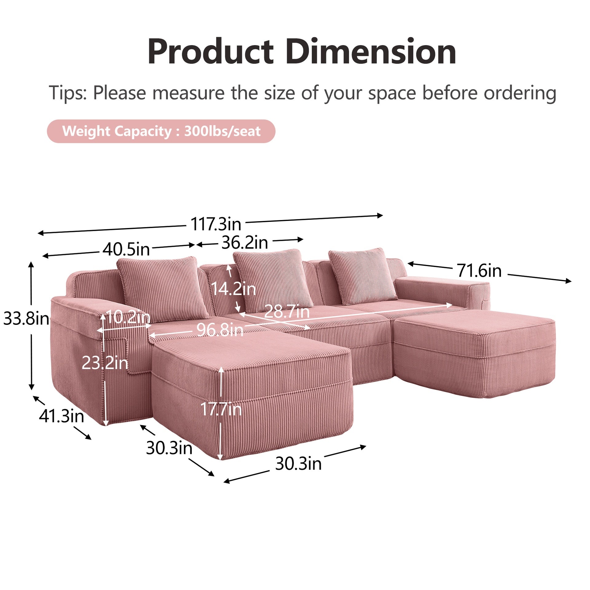 Modular 3 Seat U Shape Sectional Boneless Sofa, Cloud Sectional Couch with Deep Seat, Modern Modular 3-Seat Sofa Couch with Throw Pillows and 2 Movable Ottomans, Corduroy Fabric Pink