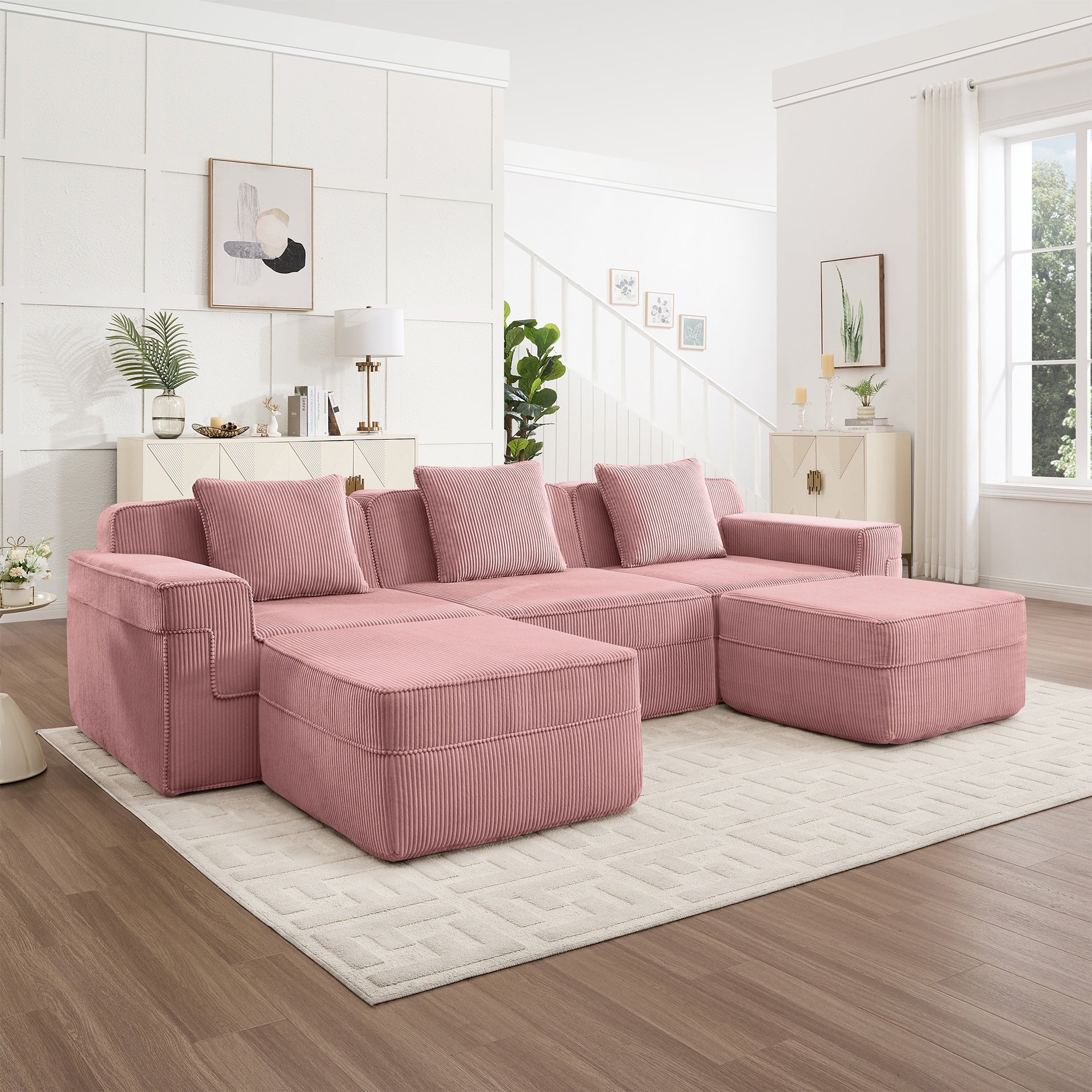 Modular 3 Seat U Shape Sectional Boneless Sofa, Cloud Sectional Couch with Deep Seat, Modern Modular 3-Seat Sofa Couch with Throw Pillows and 2 Movable Ottomans, Corduroy Fabric Pink