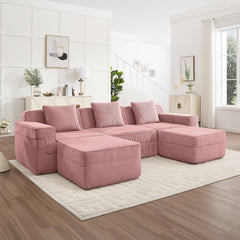 Modular 3 Seat U Shape Sectional Boneless Sofa, Cloud Sectional Couch with Deep Seat, Modern Modular 3-Seat Sofa Couch with Throw Pillows and 2 Movable Ottomans, Corduroy Fabric Pink