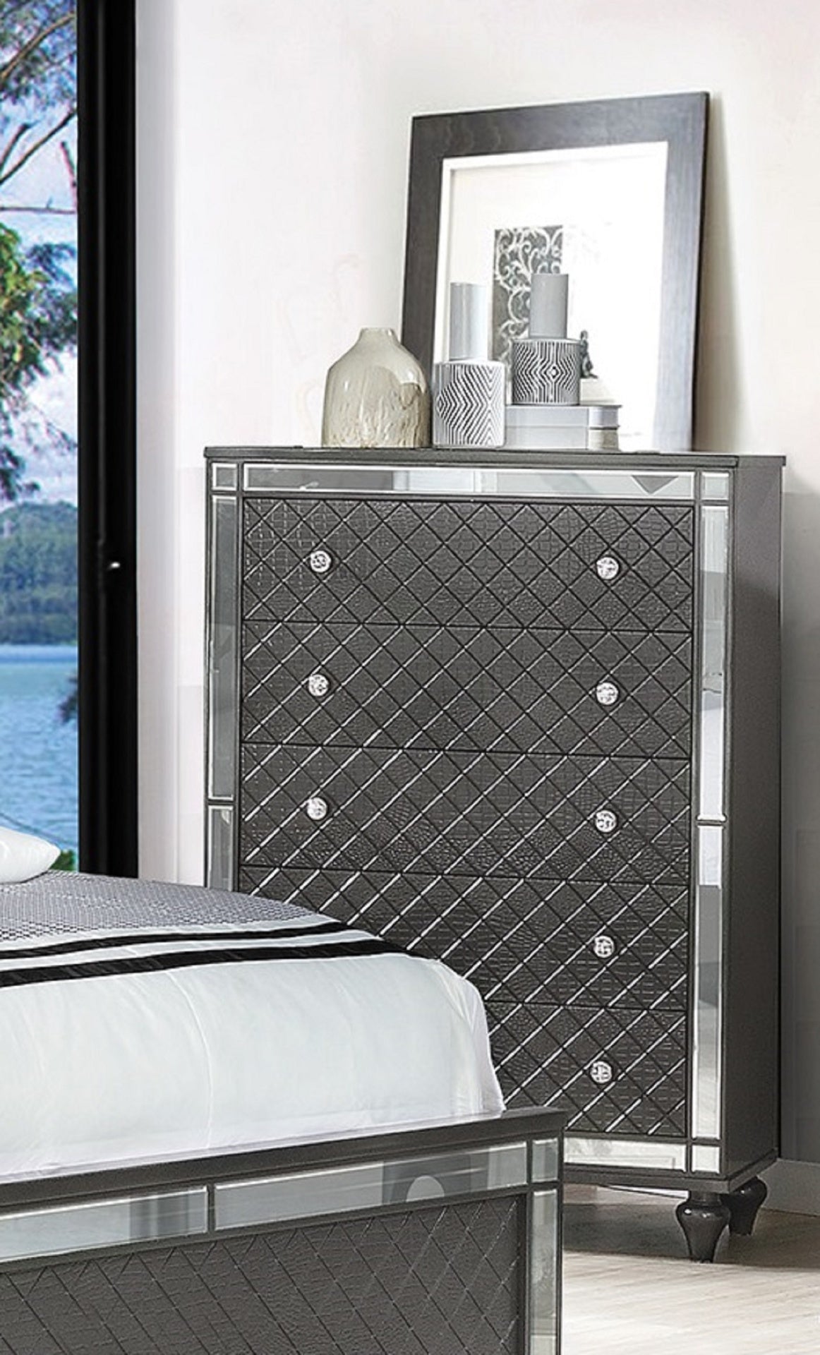 1Pc Glam Contemporary Style 5-Drawer Chest Storage Drawers w Mirror Plating Tapered Legs Gray Finish Bedroom Solid Wood Wooden Furniture