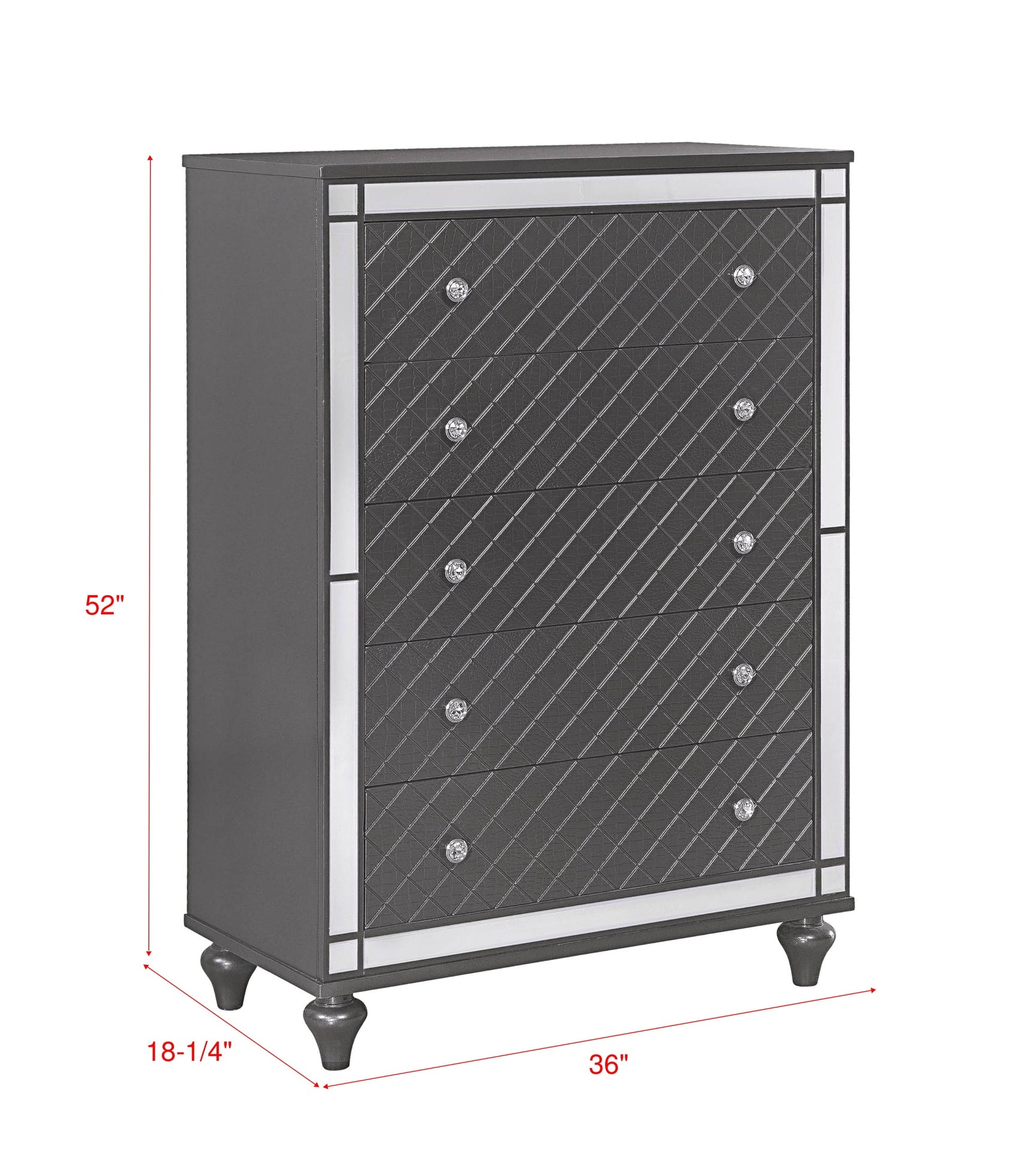 1Pc Glam Contemporary Style 5-Drawer Chest Storage Drawers w Mirror Plating Tapered Legs Gray Finish Bedroom Solid Wood Wooden Furniture