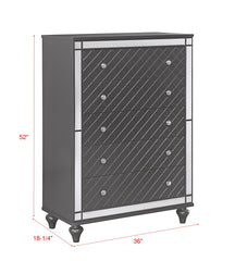 1Pc Glam Contemporary Style 5-Drawer Chest Storage Drawers w Mirror Plating Tapered Legs Gray Finish Bedroom Solid Wood Wooden Furniture