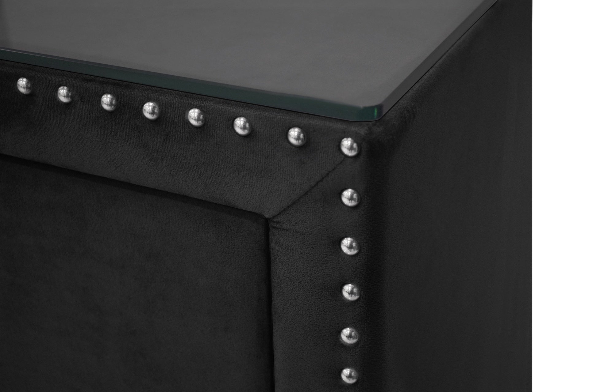1pc Glam Style Two Drawers Nightstand Fabric Upholstered Nailhead Tufted Tempered Glass Wood Metal Fabric Bedroom Furniture
