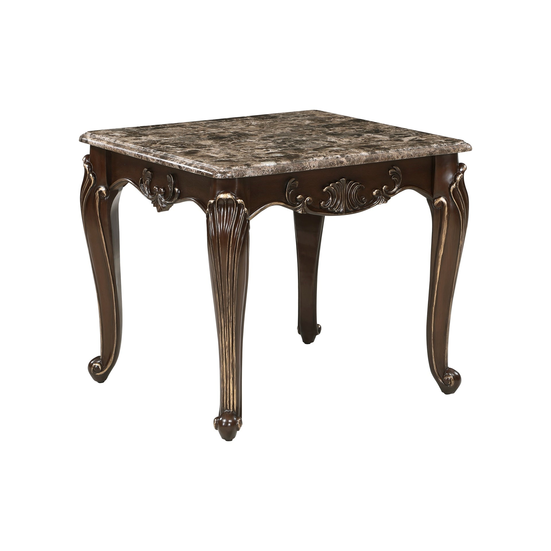 Formal Traditional Luxury 1pc Marble Top End Table Cherry Finish with Gold Tipping Living Room Furniture