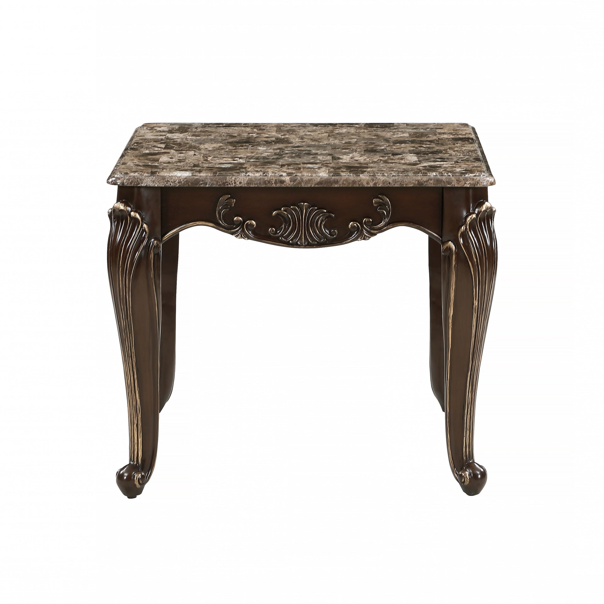Formal Traditional Luxury 1pc Marble Top End Table Cherry Finish with Gold Tipping Living Room Furniture