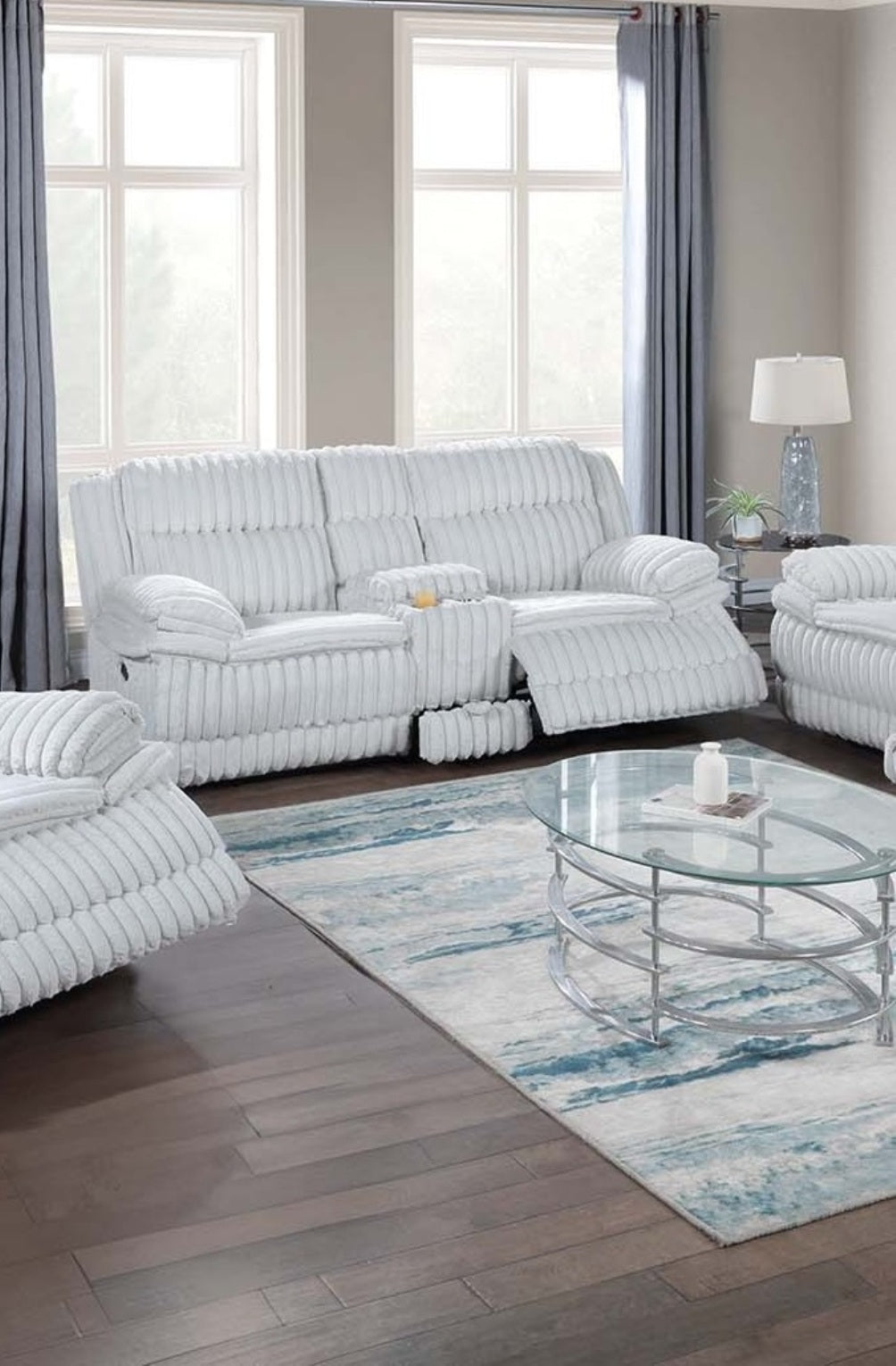 Beautiful Upholstered Light Gray Fur Like Corduroy 1pc Manual Motion Loveseat Console Drawer Living Room Reclining Couch