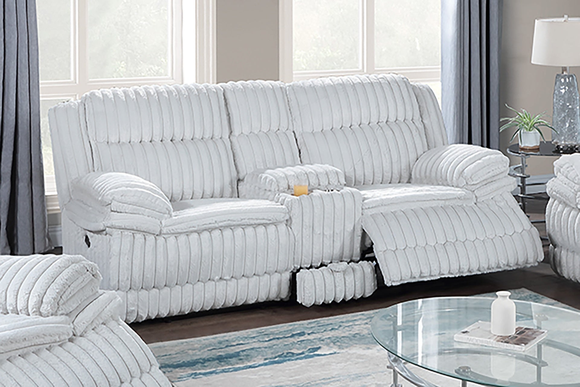 Beautiful Upholstered Light Gray Fur Like Corduroy 1pc Manual Motion Loveseat Console Drawer Living Room Reclining Couch