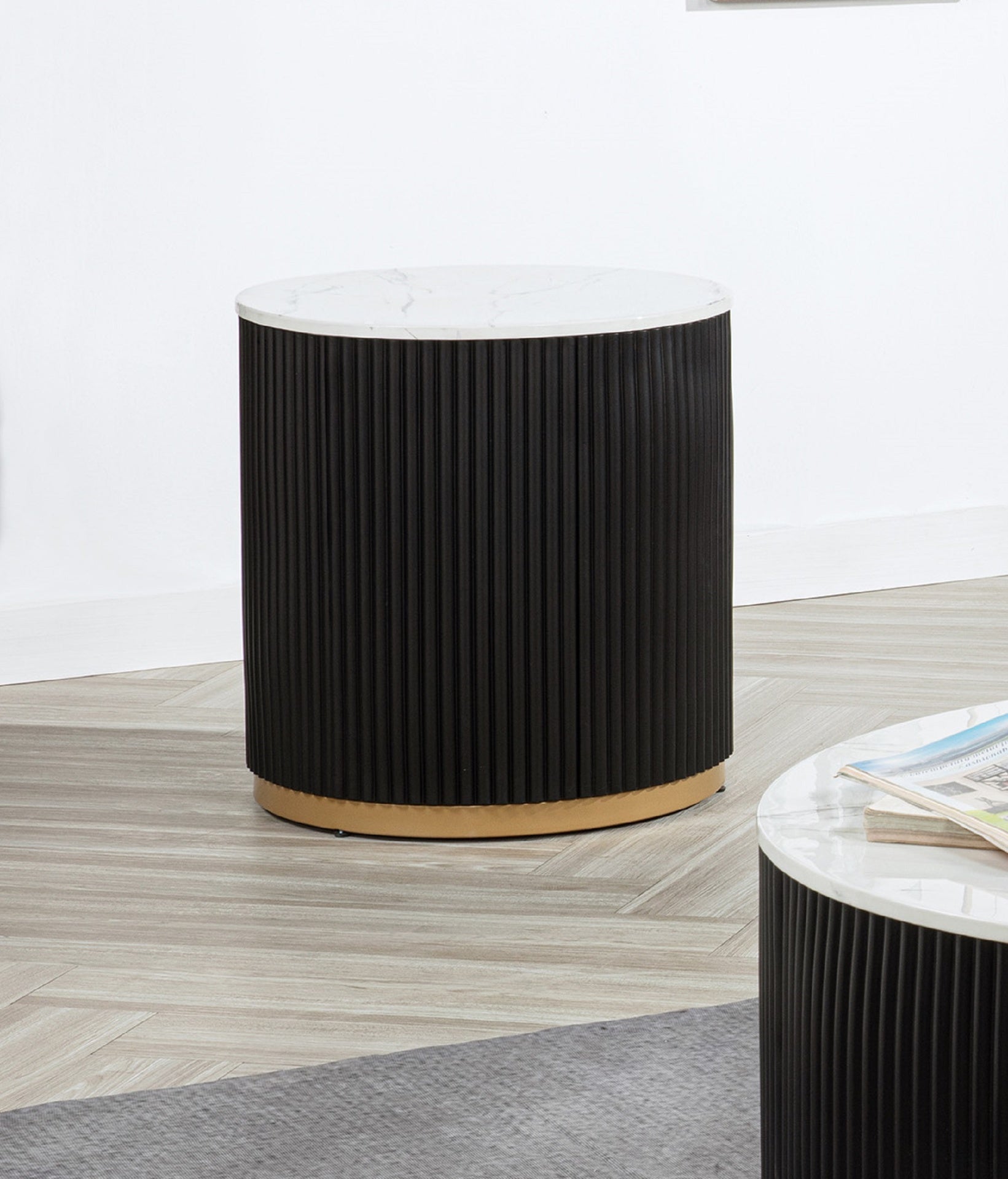 1pc End Table Modern Cocktail Group Luxurious Marble-inspired Top Reeded Base Gold-finished Foundation Wooden Living Room Furniture