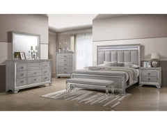 Modern Glam Style Upholstered Headboard LED Light Silver Strip Inlay Edges Light Gray Finish 1pc Queen Size Bed Wooden Bedroom Furniture