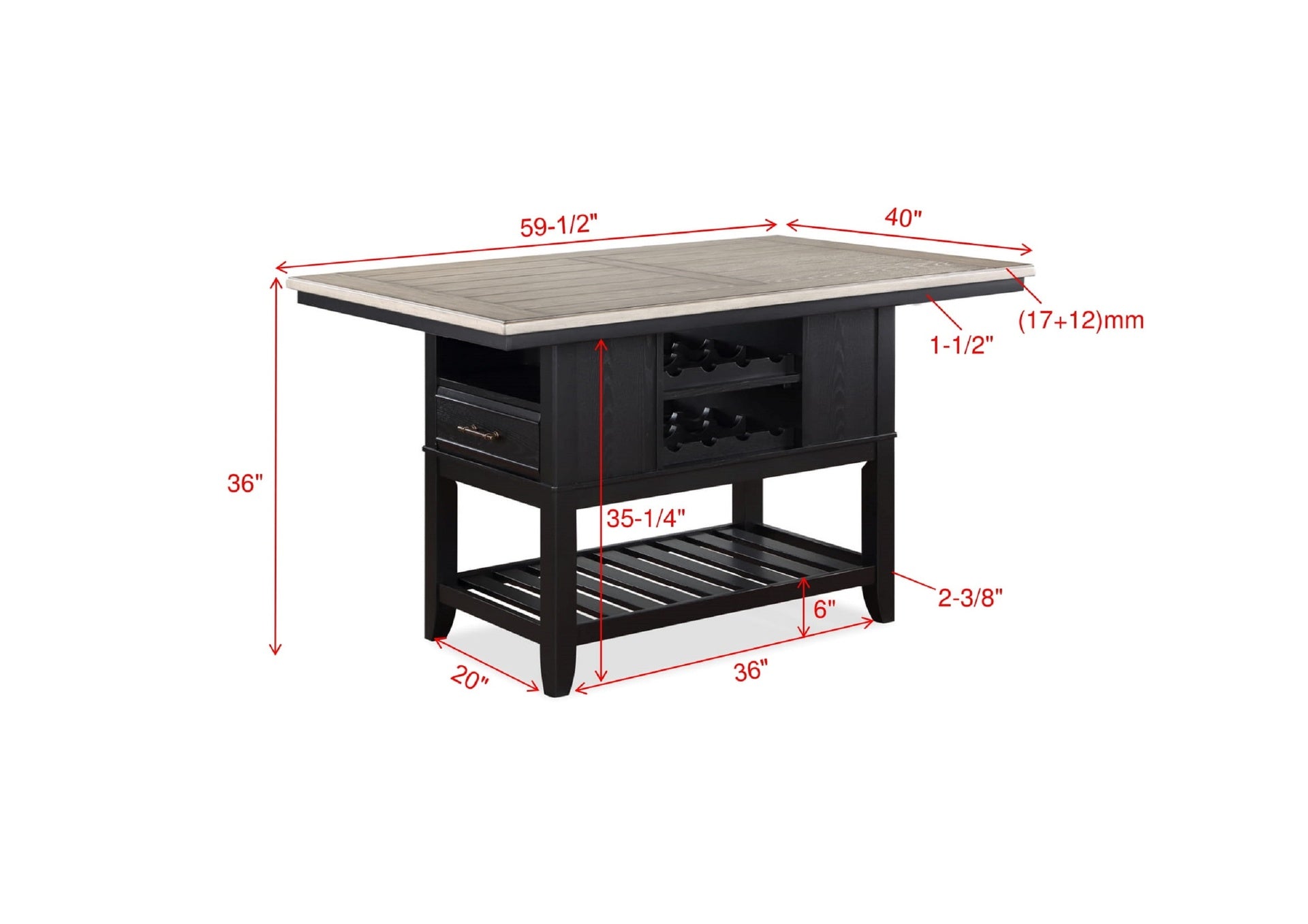 1pc Counter Height Table with Storage Drawers Shelves Wine Rack Tow-Tone Dark Gray Brown Finish Dining Room Wooden Furniture