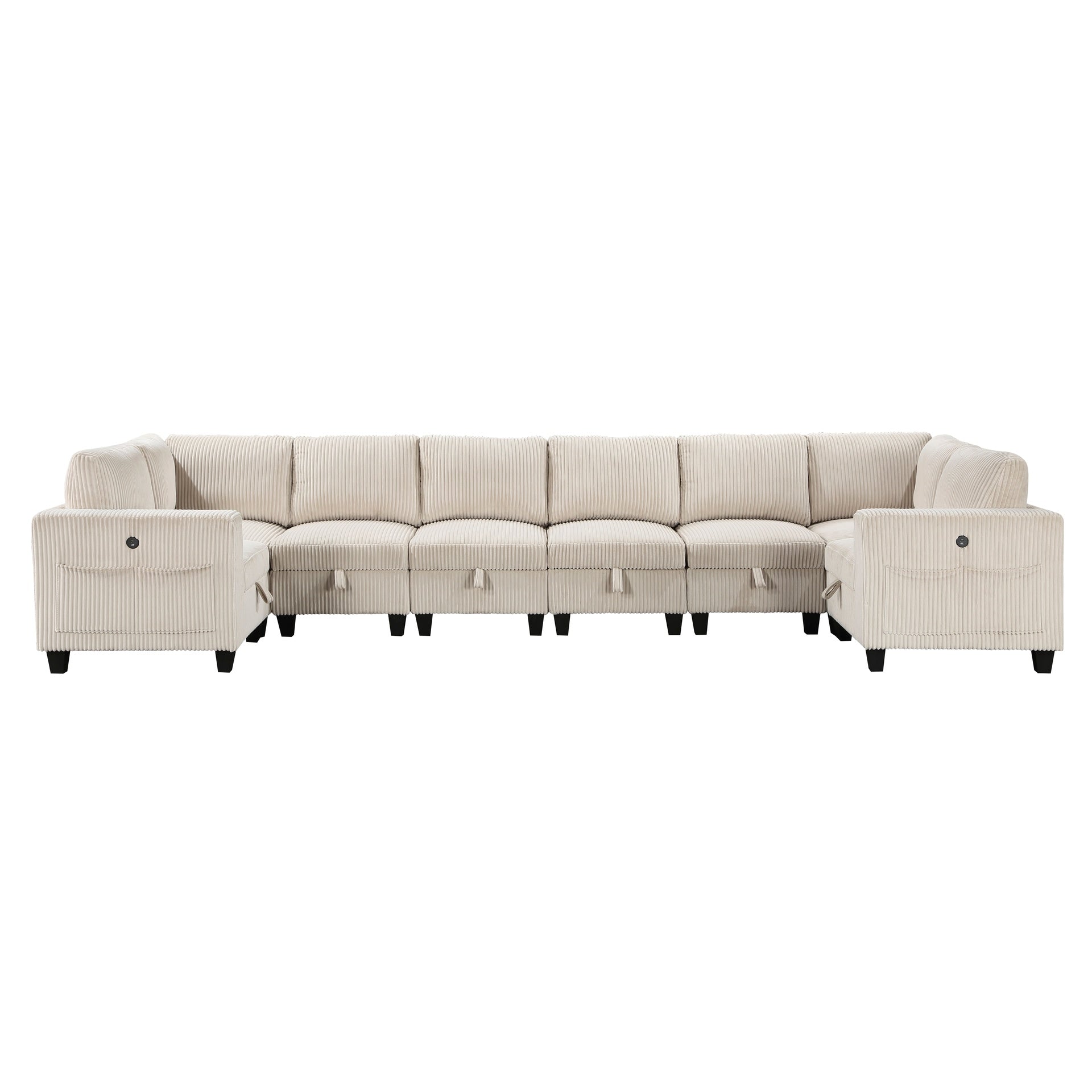 8-Piece Modular Sectional with Storage Seats, Side Pockets, Charging Ports Beige Corduroy Fabric Modern Living Room Sectional Couch Solid Wood Furniture