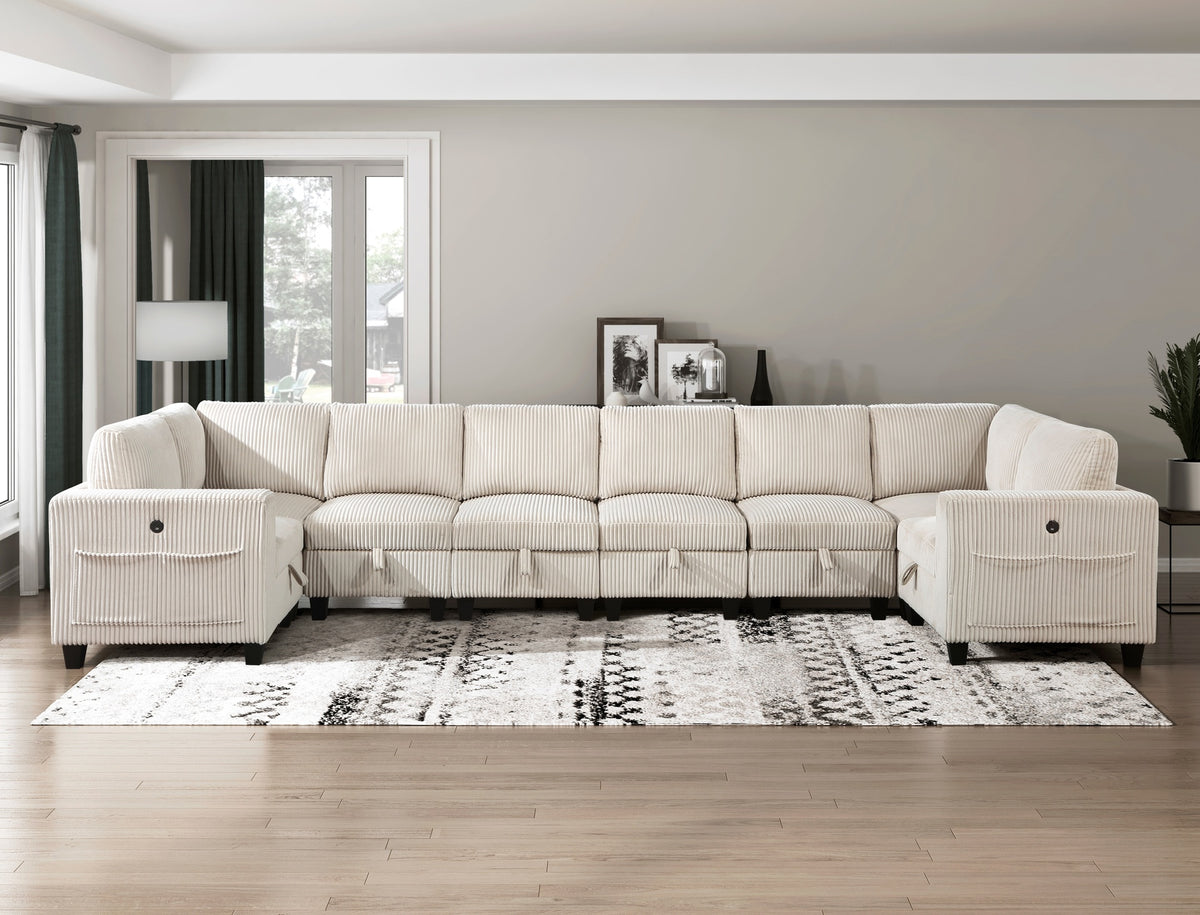 8-Piece Modular Sectional with Storage Seats, Side Pockets, Charging Ports Beige Corduroy Fabric Modern Living Room Sectional Couch Solid Wood Furniture