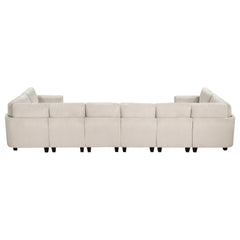 8-Piece Modular Sectional with Storage Seats, Side Pockets, Charging Ports Beige Corduroy Fabric Modern Living Room Sectional Couch Solid Wood Furniture