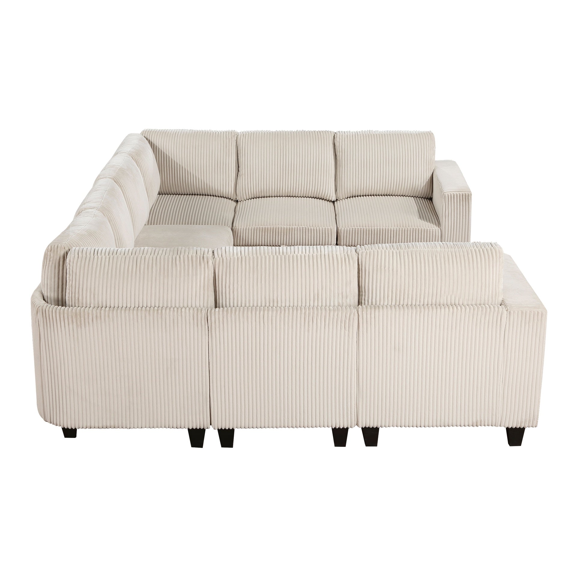 8-Piece Modular Sectional with Storage Seats, Side Pockets, Charging Ports Beige Corduroy Fabric Modern Living Room Sectional Couch Solid Wood Furniture