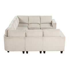 8-Piece Modular Sectional with Storage Seats, Side Pockets, Charging Ports Beige Corduroy Fabric Modern Living Room Sectional Couch Solid Wood Furniture