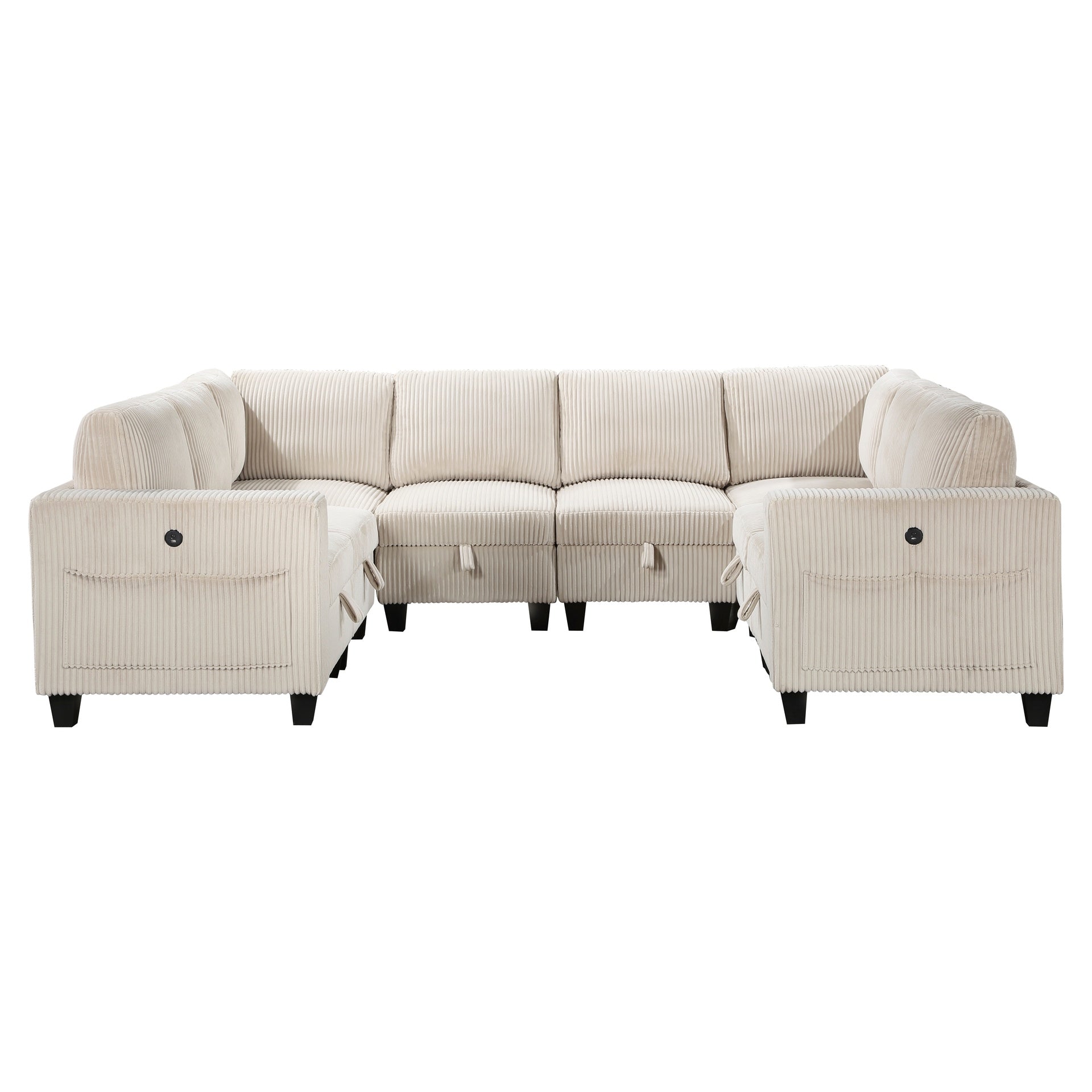 8-Piece Modular Sectional with Storage Seats, Side Pockets, Charging Ports Beige Corduroy Fabric Modern Living Room Sectional Couch Solid Wood Furniture