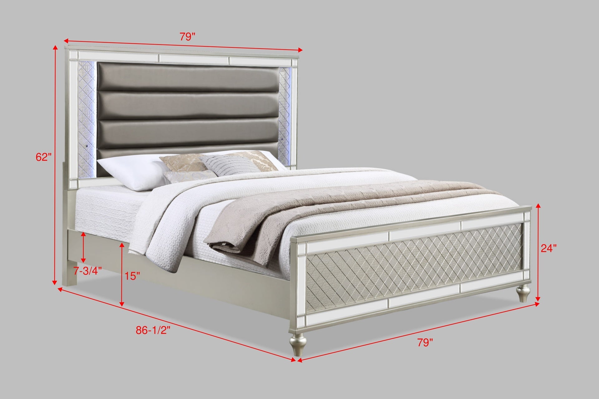 Modern Glam Style Champagne Finish King Size Panel Bed White & Blue LED Light Mirror Accents Faux Leather Upholstery Solid Wood Wooden Bedroom Furniture