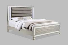Modern Glam Style Champagne Finish King Size Panel Bed White & Blue LED Light Mirror Accents Faux Leather Upholstery Solid Wood Wooden Bedroom Furniture