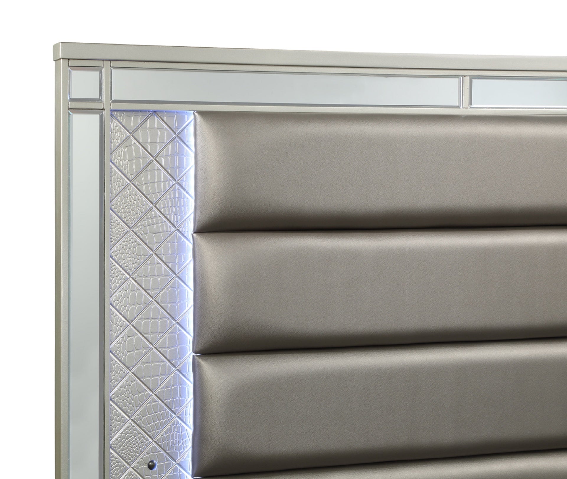 Modern Glam Style Champagne Finish King Size Panel Bed White & Blue LED Light Mirror Accents Faux Leather Upholstery Solid Wood Wooden Bedroom Furniture