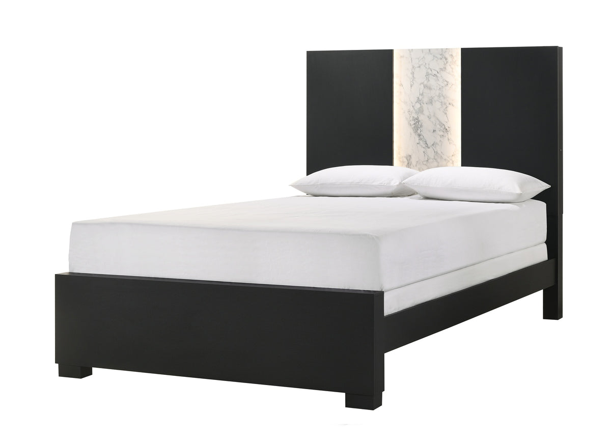 Contemporary King Panel LED Light Headboard Bed 1pc Black White Finish Wooden Bedroom Furniture