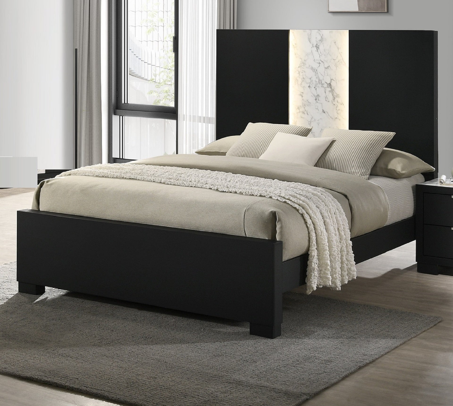 Contemporary King Panel LED Light Headboard Bed 1pc Black White Finish Wooden Bedroom Furniture