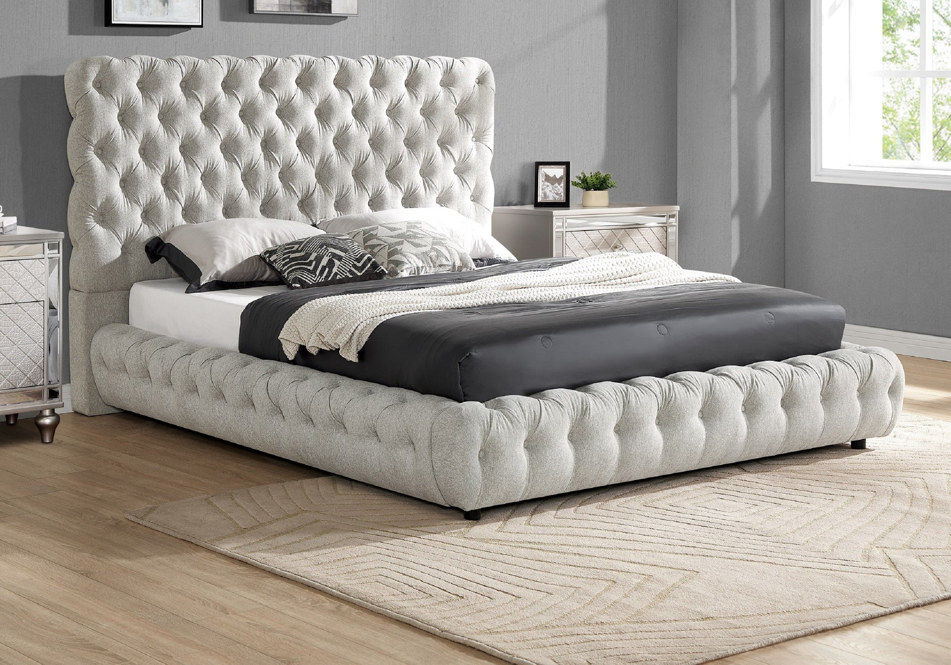 1pc Contemporary Upholstered King Bed Tufted Headboard and Footboard Bedroom Furniture Dove Gray