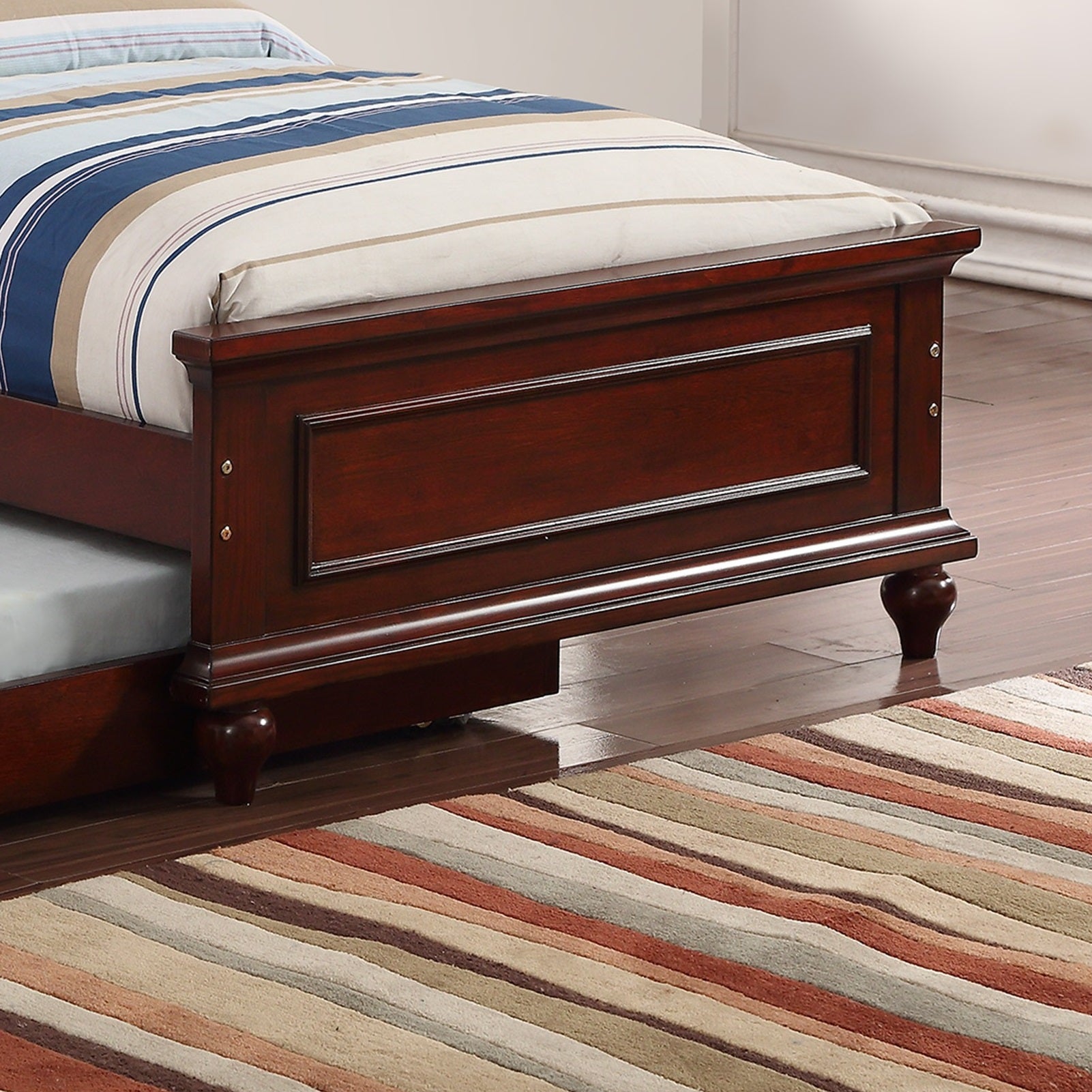 Contemporary Style Dark Cherry Twin Size Bed w/ Trundle Slats Pine Plywood Bedroom Furniture Black Faux Leather Tufted HB
