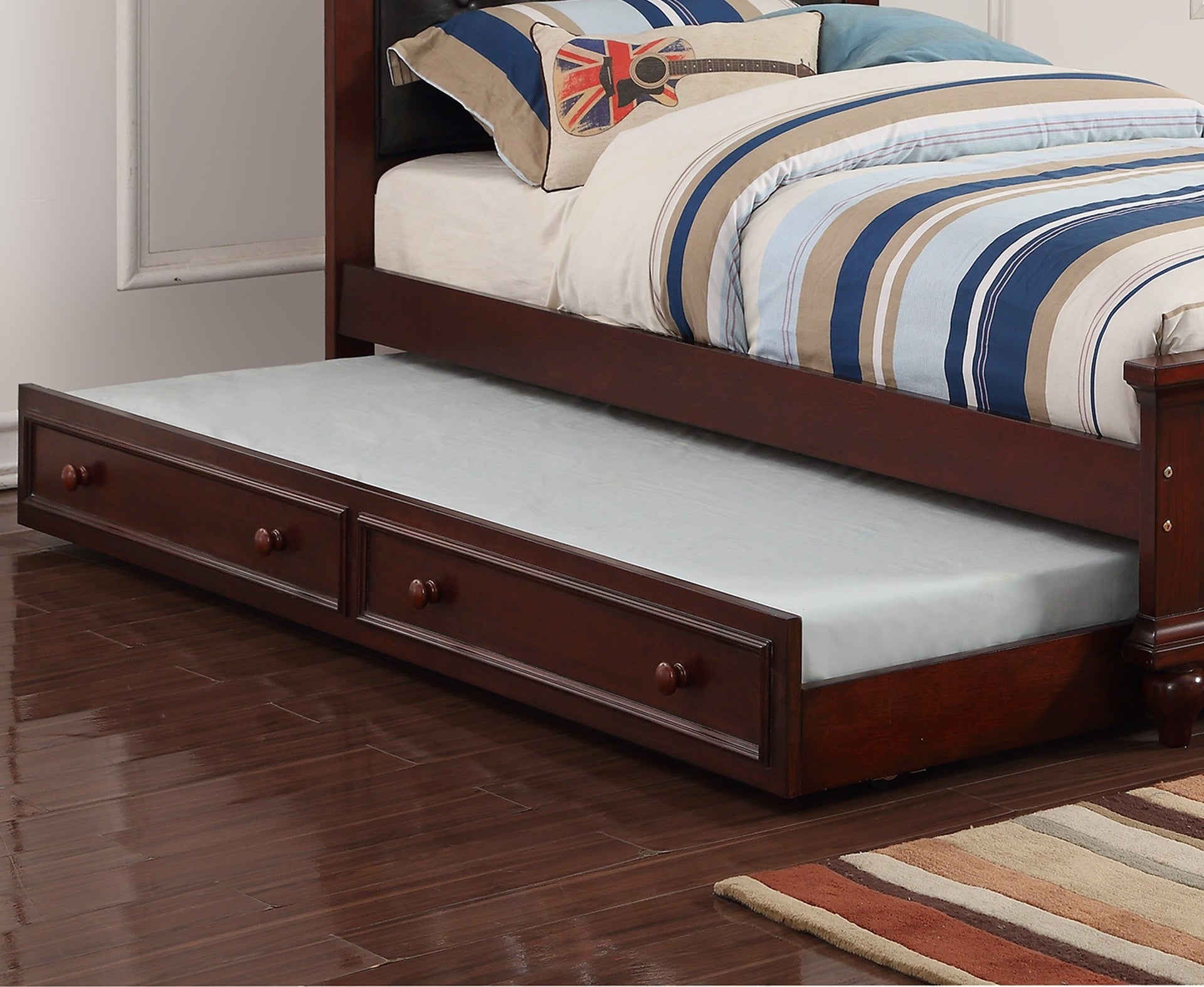 Contemporary Style Dark Cherry Twin Size Bed w/ Trundle Slats Pine Plywood Bedroom Furniture Black Faux Leather Tufted HB