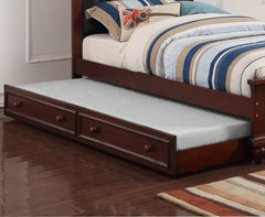 Contemporary Style Dark Cherry Twin Size Bed w/ Trundle Slats Pine Plywood Bedroom Furniture Black Faux Leather Tufted HB