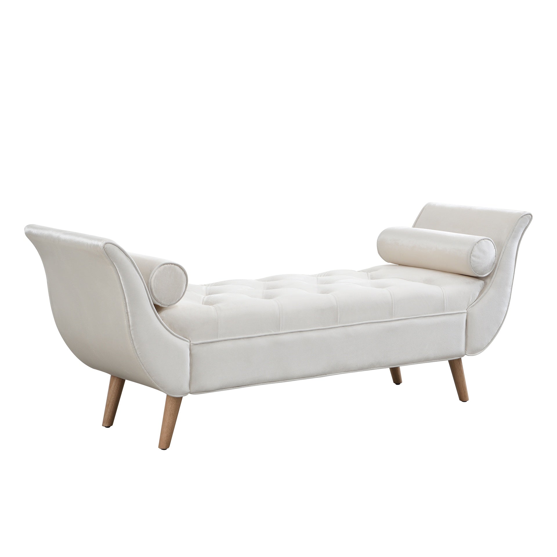 Upholstered Velvet Bench, End of Bed Bench with 2 Pillows, Upholstered Button Tufted Ottoman,Footstool with Rolled Arms, Foot Rest with Solid Wood Legs, for Entryway, Living Room ,Dining Room,Beige