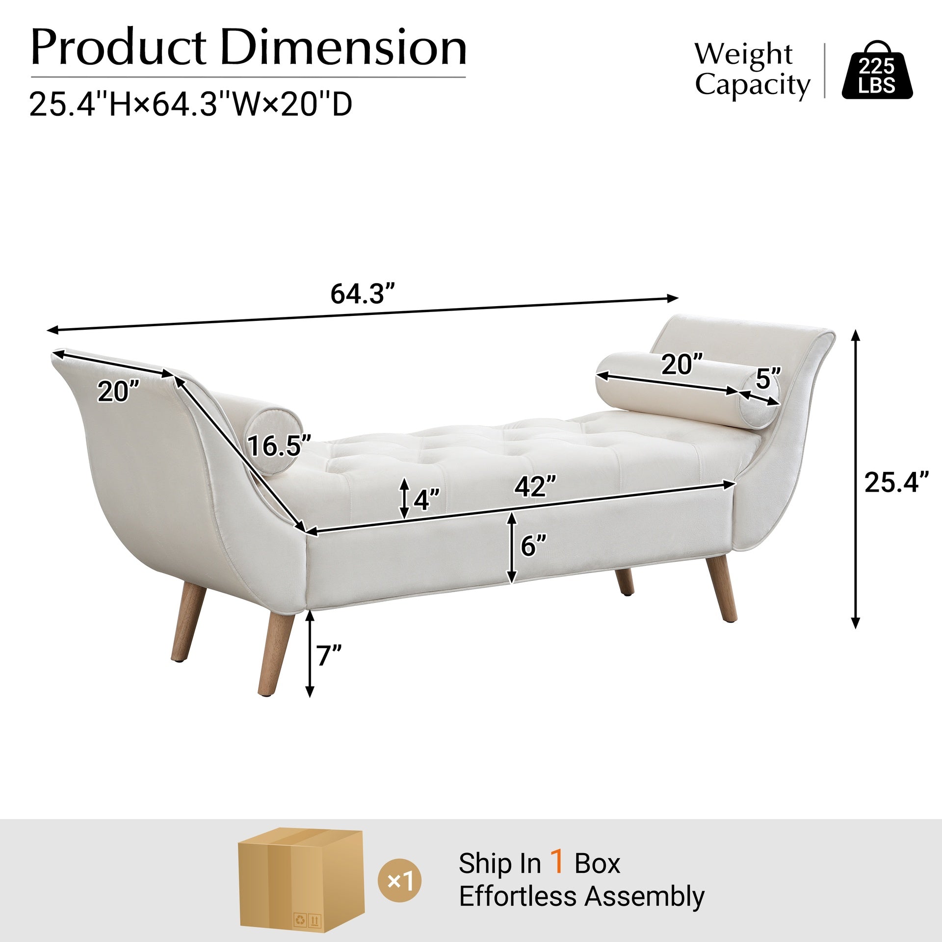 Upholstered Velvet Bench, End of Bed Bench with 2 Pillows, Upholstered Button Tufted Ottoman,Footstool with Rolled Arms, Foot Rest with Solid Wood Legs, for Entryway, Living Room ,Dining Room,Beige