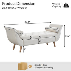 Upholstered Velvet Bench, End of Bed Bench with 2 Pillows, Upholstered Button Tufted Ottoman,Footstool with Rolled Arms, Foot Rest with Solid Wood Legs, for Entryway, Living Room ,Dining Room,Beige