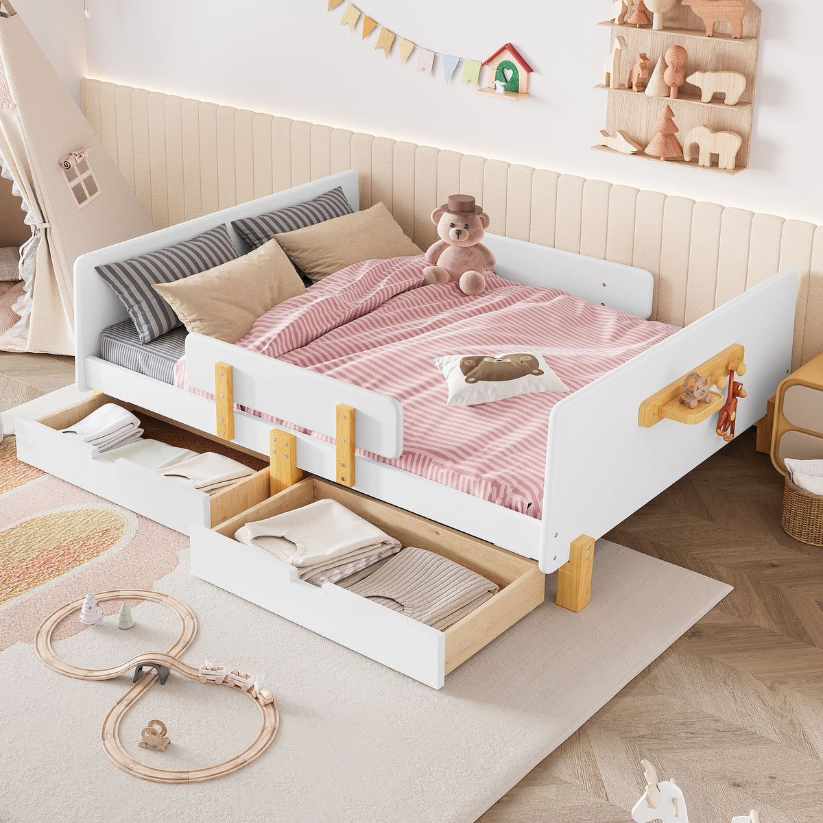 Full Size Platform Bed with Storage Drawers, Solid Wood Beds Frame with Bed Guardrail, Small Shelf, and Hooks, No Box Spring Needed, White