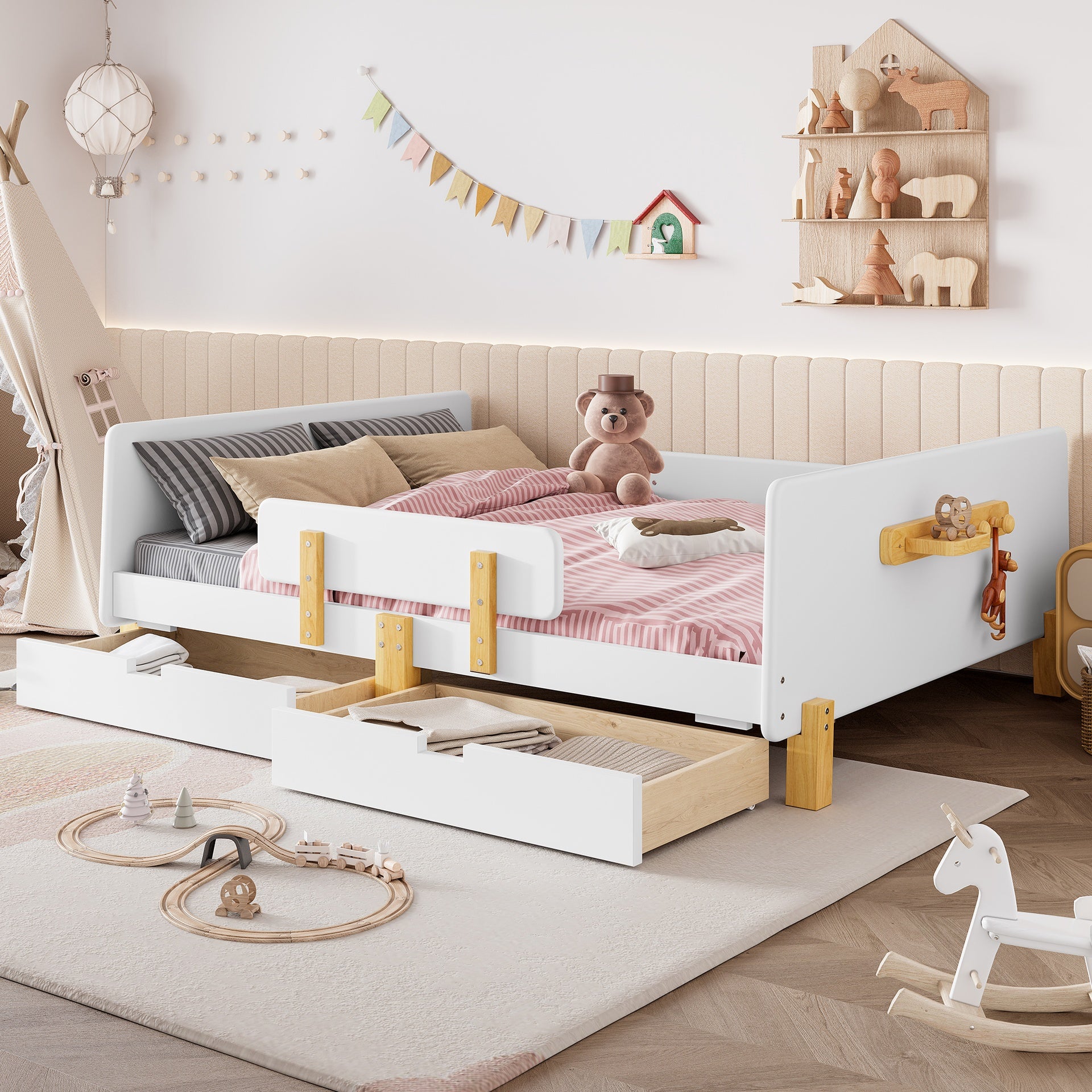 Full Size Platform Bed with Storage Drawers, Solid Wood Beds Frame with Bed Guardrail, Small Shelf, and Hooks, No Box Spring Needed, White