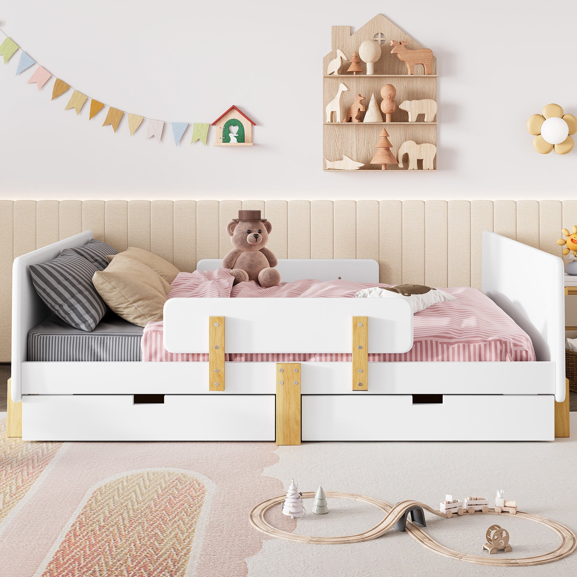 Full Size Platform Bed with Storage Drawers, Solid Wood Beds Frame with Bed Guardrail, Small Shelf, and Hooks, No Box Spring Needed, White