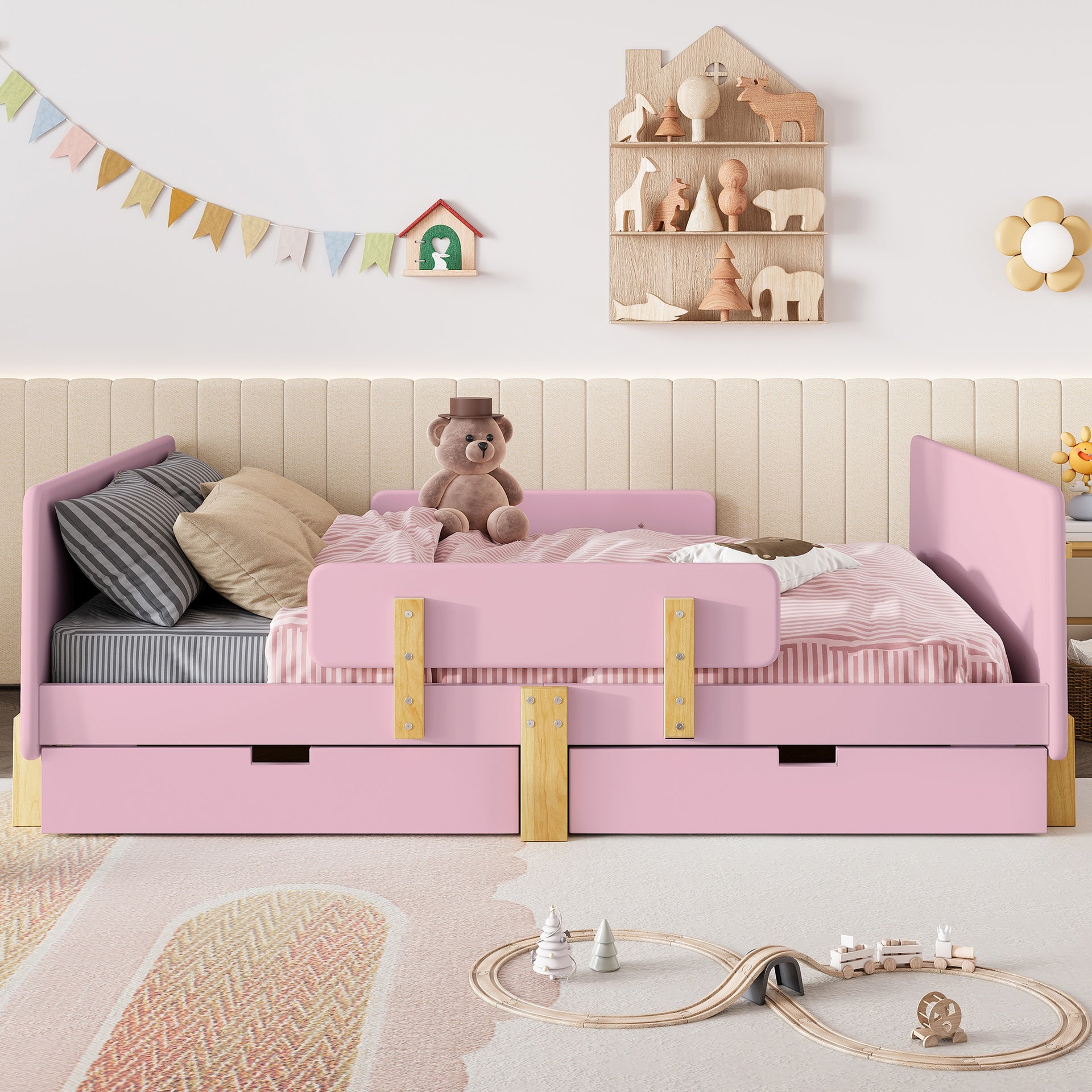Full Size Platform Bed with Storage Drawers, Solid Wood Beds Frame with Bed Guardrail, Small Shelf, and Hooks, No Box Spring Needed, Pink