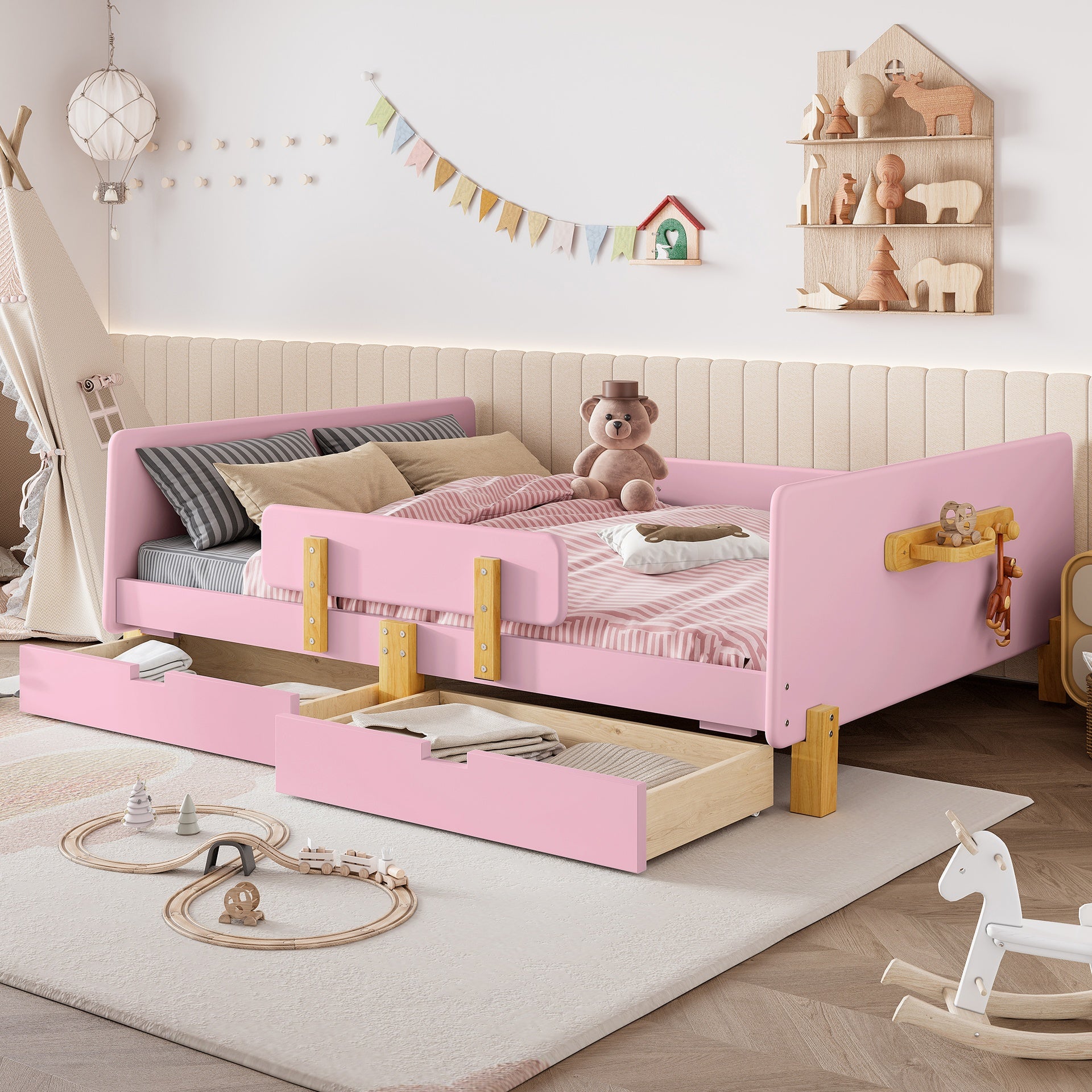 Full Size Platform Bed with Storage Drawers, Solid Wood Beds Frame with Bed Guardrail, Small Shelf, and Hooks, No Box Spring Needed, Pink