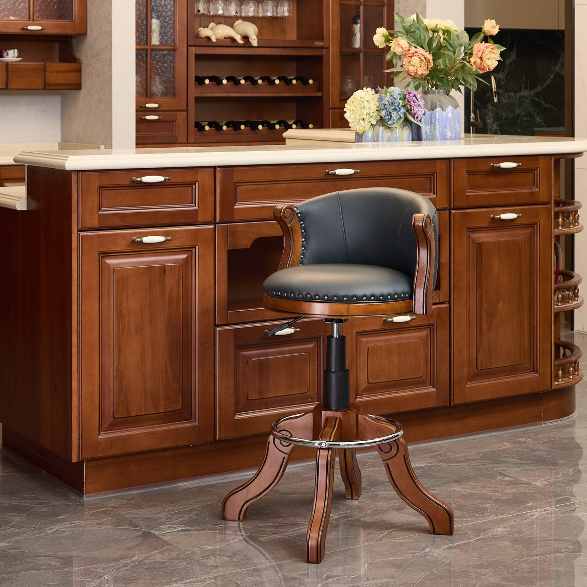 Cow top Leather Wooden Bar Stools, 360 Degree Swivel Bar Chair with Backs,Bar height Couner Height Barstools  for Home Kitchen Dining Room and Bar Room(blue 1pc)