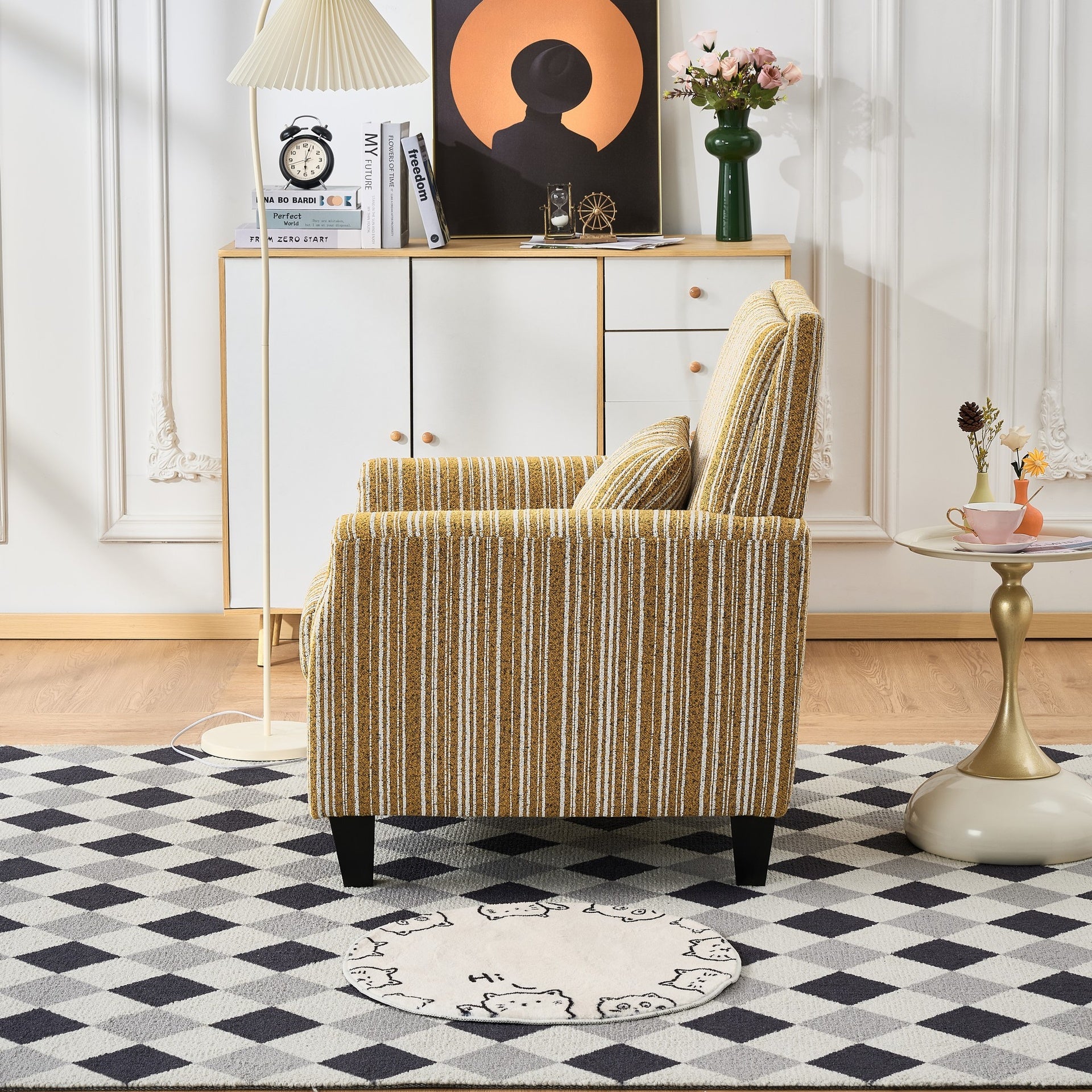 Modern Accent Chair with Arms,Comfy Upholstered Armchair for Living Room,Yellow and White Striped Armchair with Nailhead Trim,For Living Room, Bedroom, Apartment,Office
