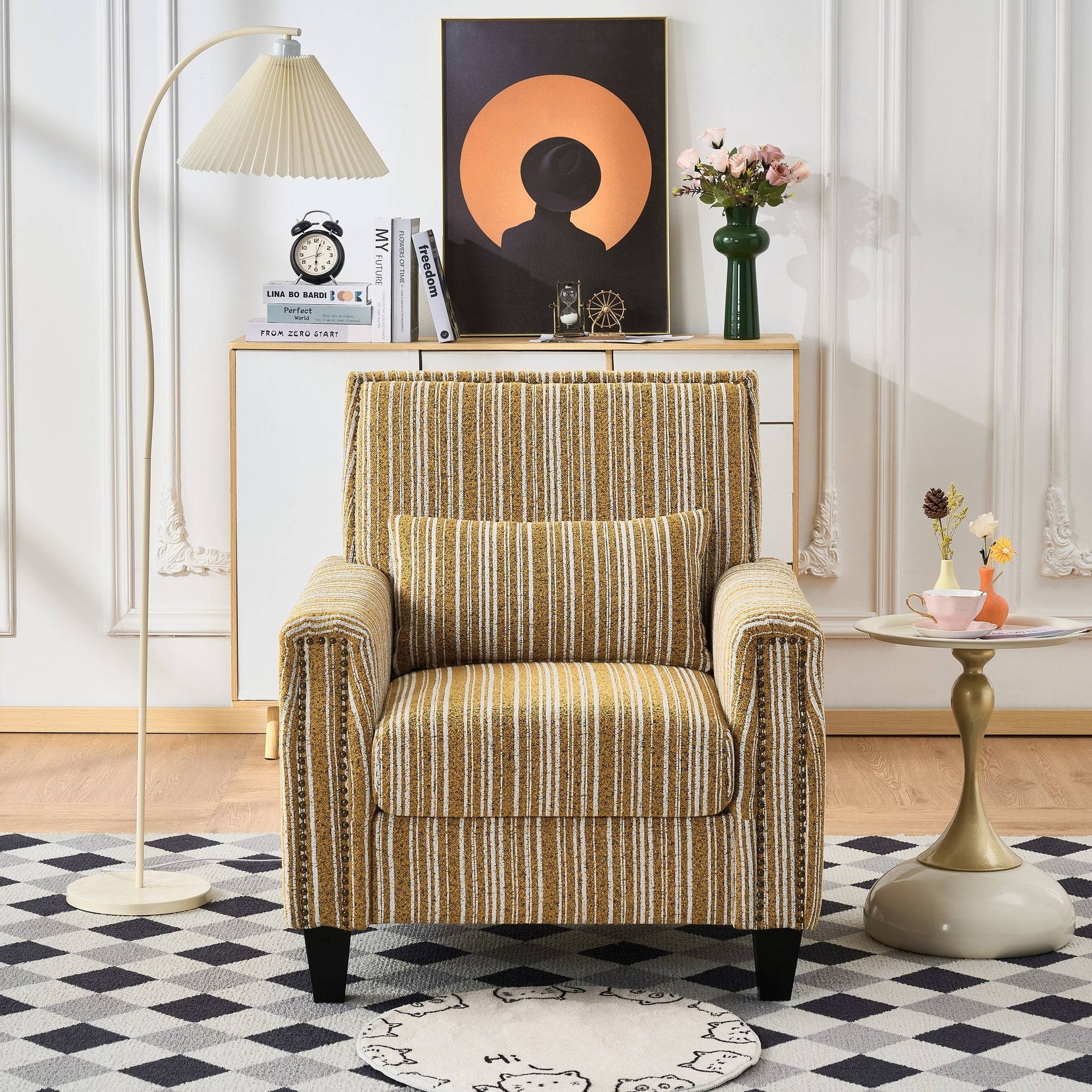 Modern Accent Chair with Arms,Comfy Upholstered Armchair for Living Room,Yellow and White Striped Armchair with Nailhead Trim,For Living Room, Bedroom, Apartment,Office