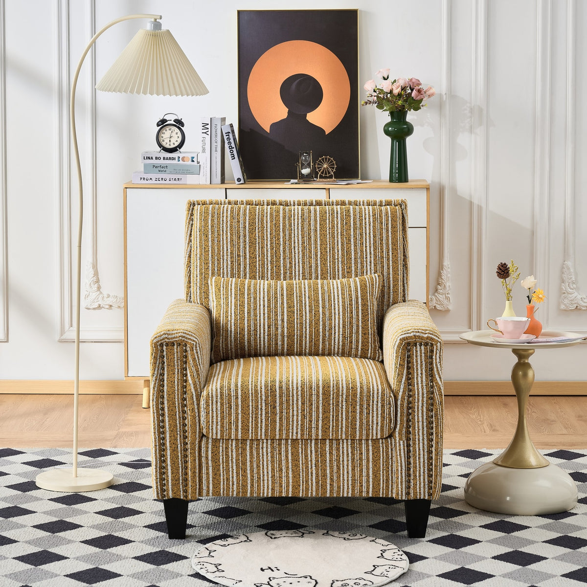 Modern Accent Chair with Arms,Comfy Upholstered Armchair for Living Room,Yellow and White Striped Armchair with Nailhead Trim,For Living Room, Bedroom, Apartment,Office